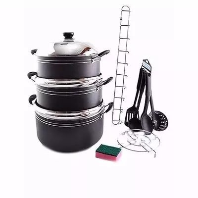 Home Basics Non Stick Cookware Set + 6 Cooking Spoons + 1 Rack + 1 Pot Stand + Sponge