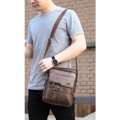 Men's Leather Shoulder Bag - Coffee Brown Color - 26cm X 22cm X 6cm