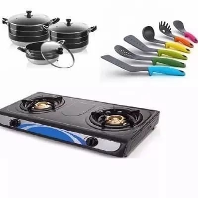 2 Buner Gas Cooker - 3 Set Non Stick Pot And Spoon Bundle