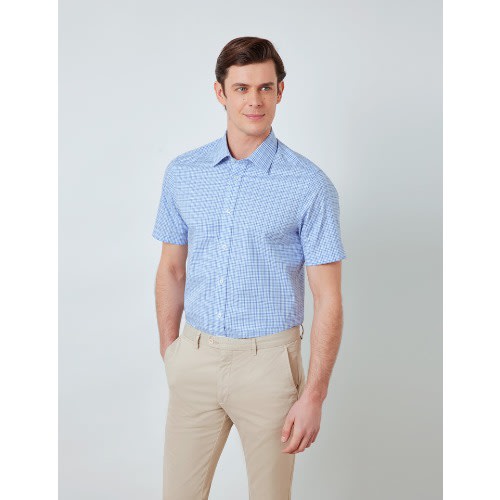 Multi Check Relaxed Slim Fit Short Sleeve Shirt - Blue & White