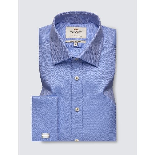 Men's Formal Blue Herringbone Slim Fit Shirt - Double Cuff - Easy Iron
