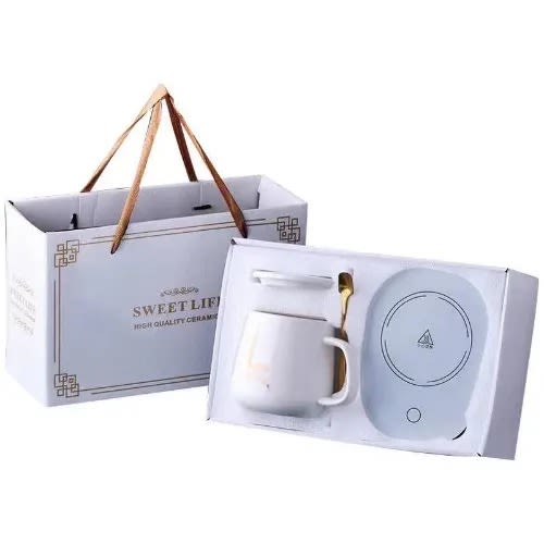 Insulated Ceramic Coffee Mug With Heating Pad, Cover And Spoon - White
