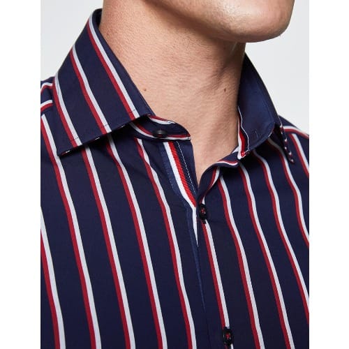Men's Curtis Navy And Red Stripe Slim Fit Cotton Shirt - Low Collar