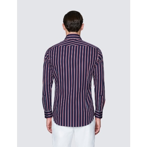 Men's Curtis Navy And Red Stripe Slim Fit Cotton Shirt - Low Collar