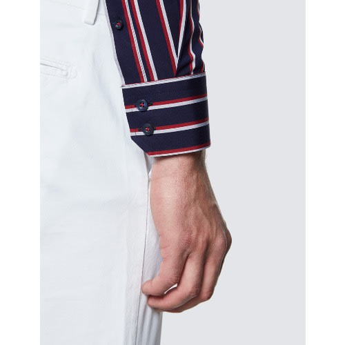 Men's Curtis Navy And Red Stripe Slim Fit Cotton Shirt - Low Collar