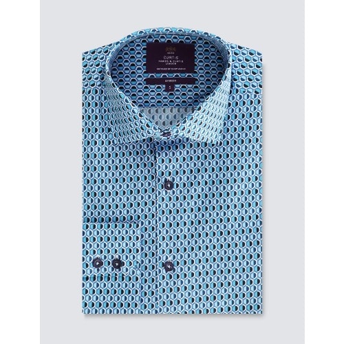 Men's Geometric Print Relaxed Slim Fit Shirt – Single Cuffs -  Blue & Navy
