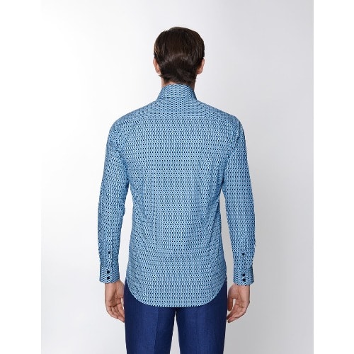 Men's Geometric Print Relaxed Slim Fit Shirt – Single Cuffs -  Blue & Navy
