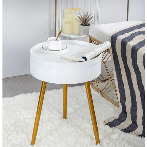 Wooden Side Table With Metal Legs And Storage - 46 X 51cm - White