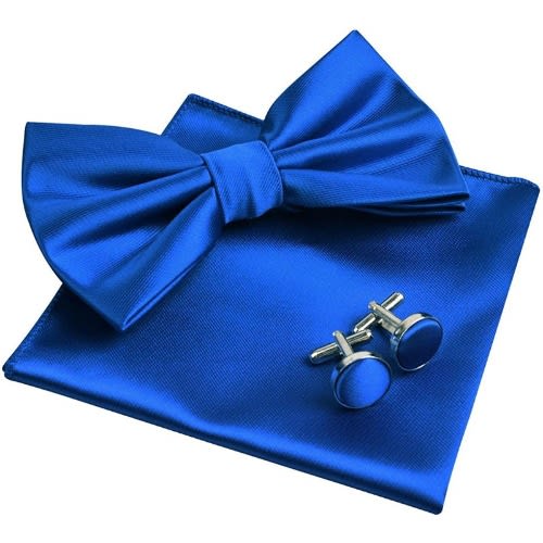 Set Of 4 Men's Bowtie With Cufflinks And Pocket Squares  - Green, Blue, Red,yellow