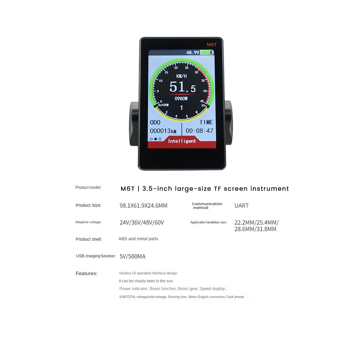 M6T Electric Bike LCD Display Meter 24V 36V 48V 60V Universal E Scooter LCD Panel Color Screen with USB for E-Bike(6PIN)