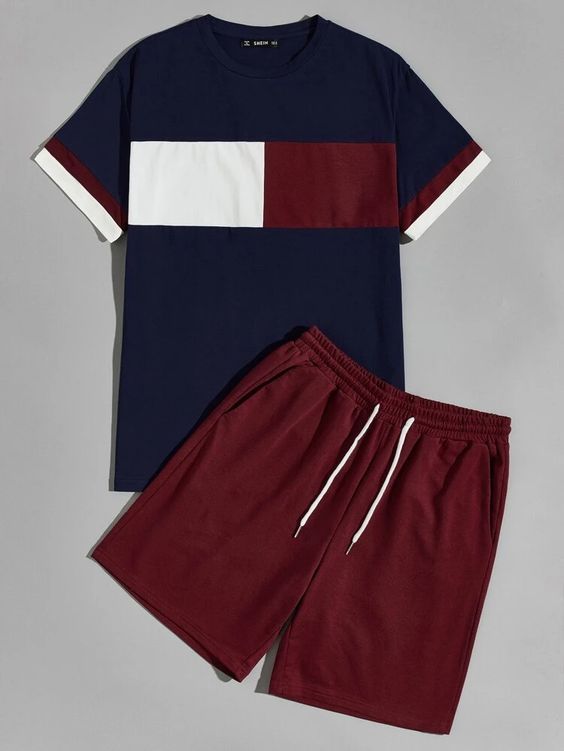Men Color Block Patched Tee & Drawstring Waist Shorts - Multi