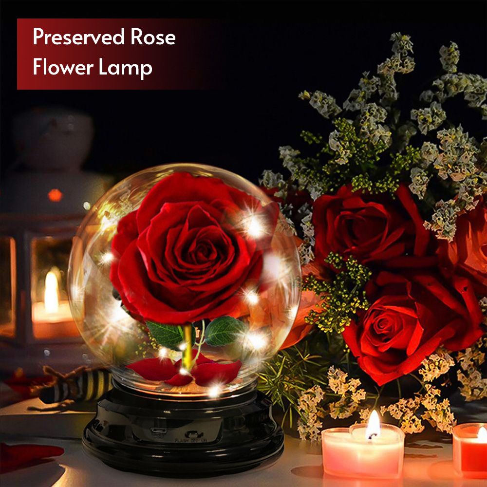 Rose Lamp Red Silk Rose In Glass Dome With Warm/ Colorful