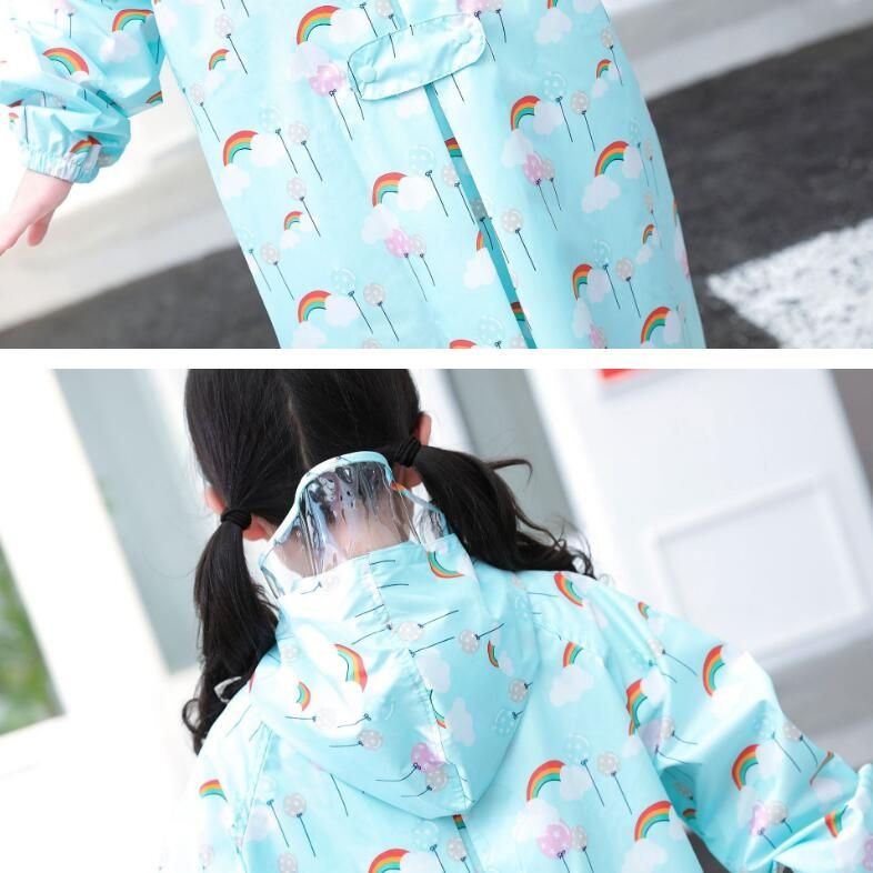 Cartoon Children Raincoats Waterproof Raincoat With Schoolbag-Blue
