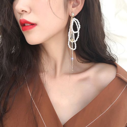 25 Silver Needle Zircon Pearl Tassel Long Earrings