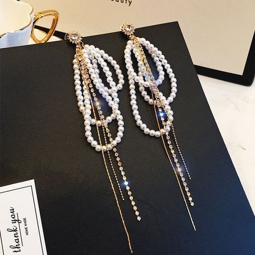 25 Silver Needle Zircon Pearl Tassel Long Earrings