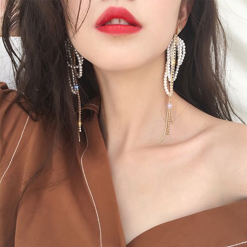 25 Silver Needle Zircon Pearl Tassel Long Earrings