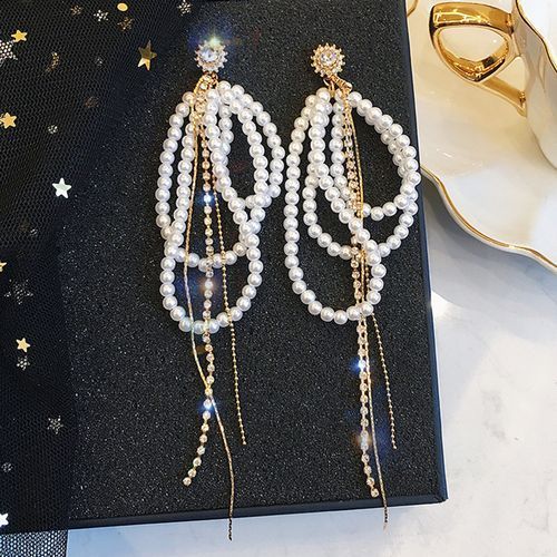 25 Silver Needle Zircon Pearl Tassel Long Earrings