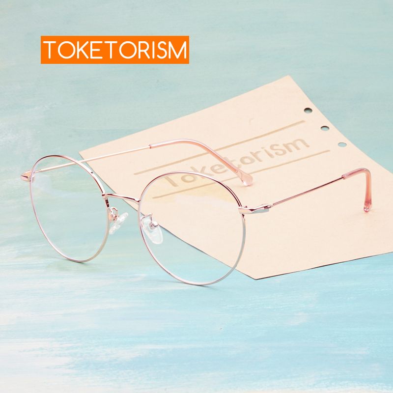 (silver Black)Toketorism Rose Gold Metal Frame Round Glasses Blue Light