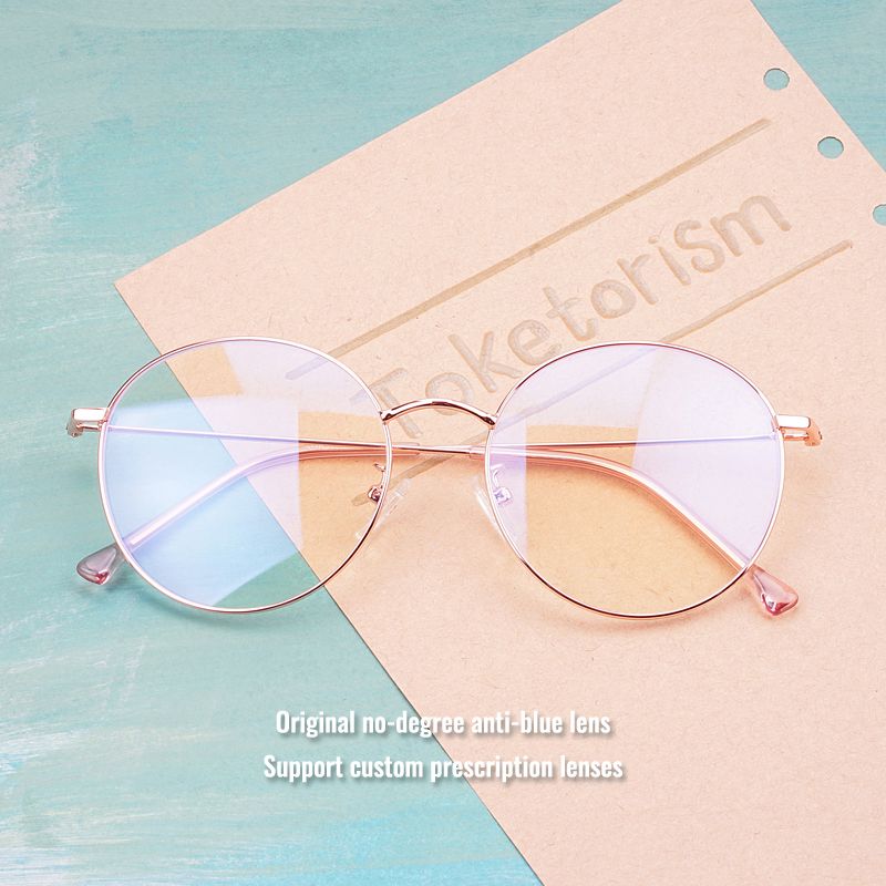 (silver Black)Toketorism Rose Gold Metal Frame Round Glasses Blue Light
