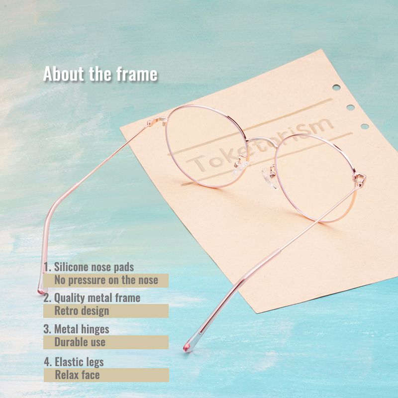 (silver Black)Toketorism Rose Gold Metal Frame Round Glasses Blue Light
