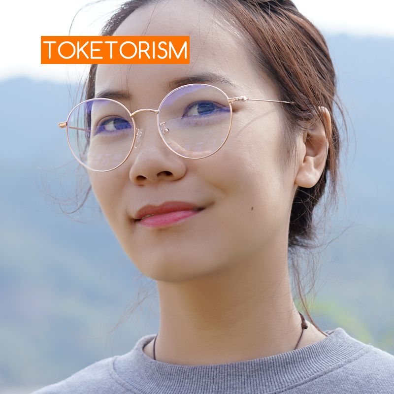 (silver Black)Toketorism Rose Gold Metal Frame Round Glasses Blue Light