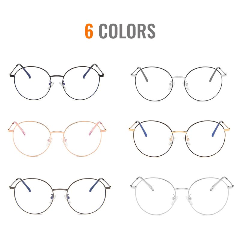 (silver Black)Toketorism Rose Gold Metal Frame Round Glasses Blue Light