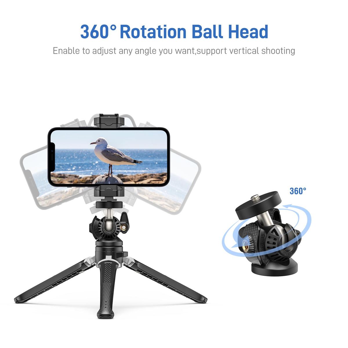Andoer MT-01 Desktop Tripod Stand 2 Levels Adjustable Height 360° Rotatable Ball Head with Phone Holder Flexible Extension Arm Max. 5kg Load Capacity for Vlog Live Streaming Online Teaching Video Conference