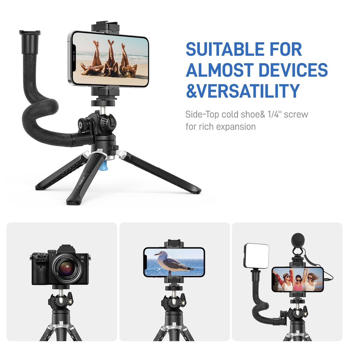 Andoer MT-01 Desktop Tripod Stand 2 Levels Adjustable Height 360° Rotatable Ball Head with Phone Holder Flexible Extension Arm Max. 5kg Load Capacity for Vlog Live Streaming Online Teaching Video Conference