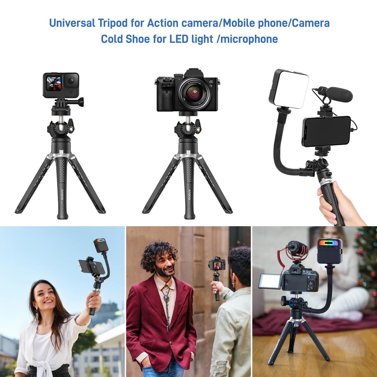 Andoer MT-01 Desktop Tripod Stand 2 Levels Adjustable Height 360° Rotatable Ball Head with Phone Holder Flexible Extension Arm Max. 5kg Load Capacity for Vlog Live Streaming Online Teaching Video Conference