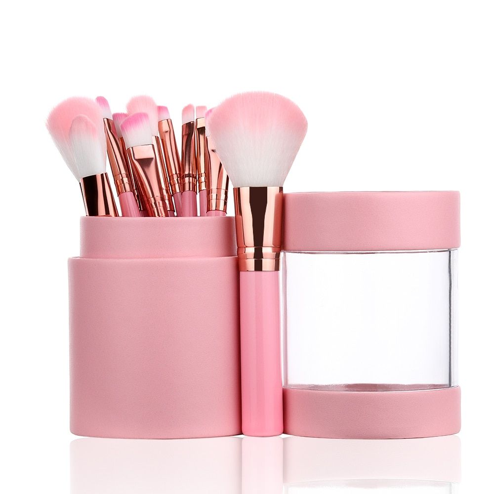 FLD 12pcs Makeup Brushes Set Foundation Powder Eyeshadow Eyebrow Eyelash Make Up Brush Kit Box Cosmetic Beauty Tool Professional Leather Bucket Pink