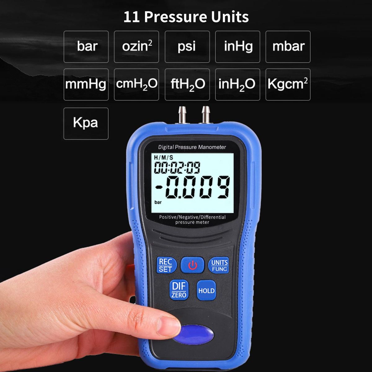 Digital Pressure Manometer, Pressure Meter with Pressure Zero Correction Function Backlight Display Time Setting 9V 6F22 Battery Hose Rubber Head Metal Quick Connector PP Tool Box Packing