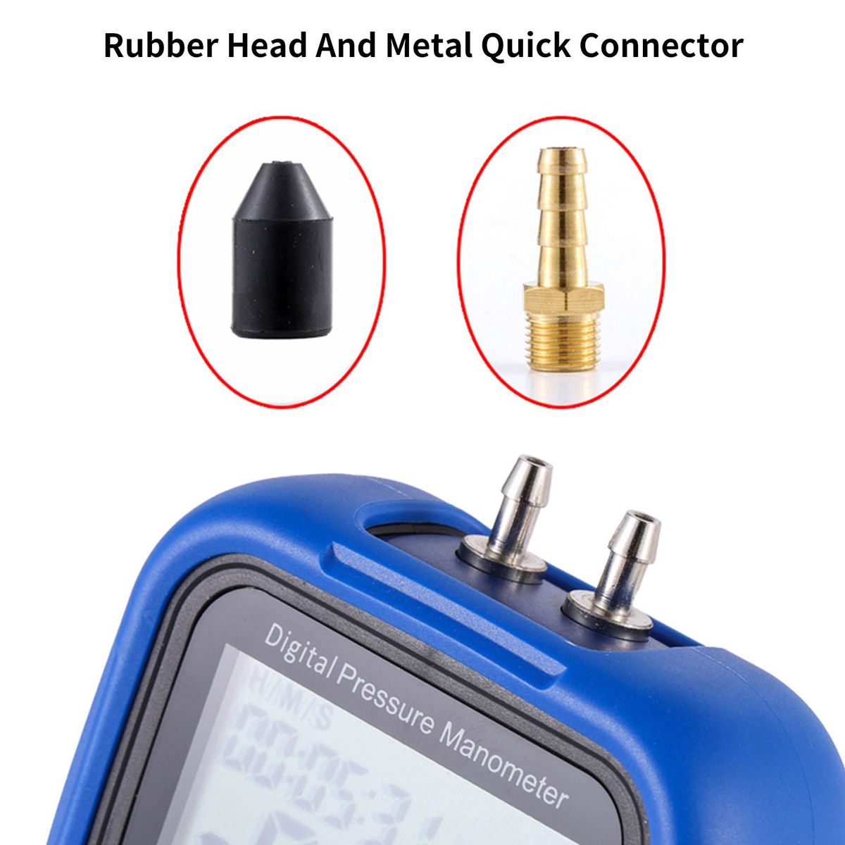 Digital Pressure Manometer, Pressure Meter with Pressure Zero Correction Function Backlight Display Time Setting 9V 6F22 Battery Hose Rubber Head Metal Quick Connector PP Tool Box Packing