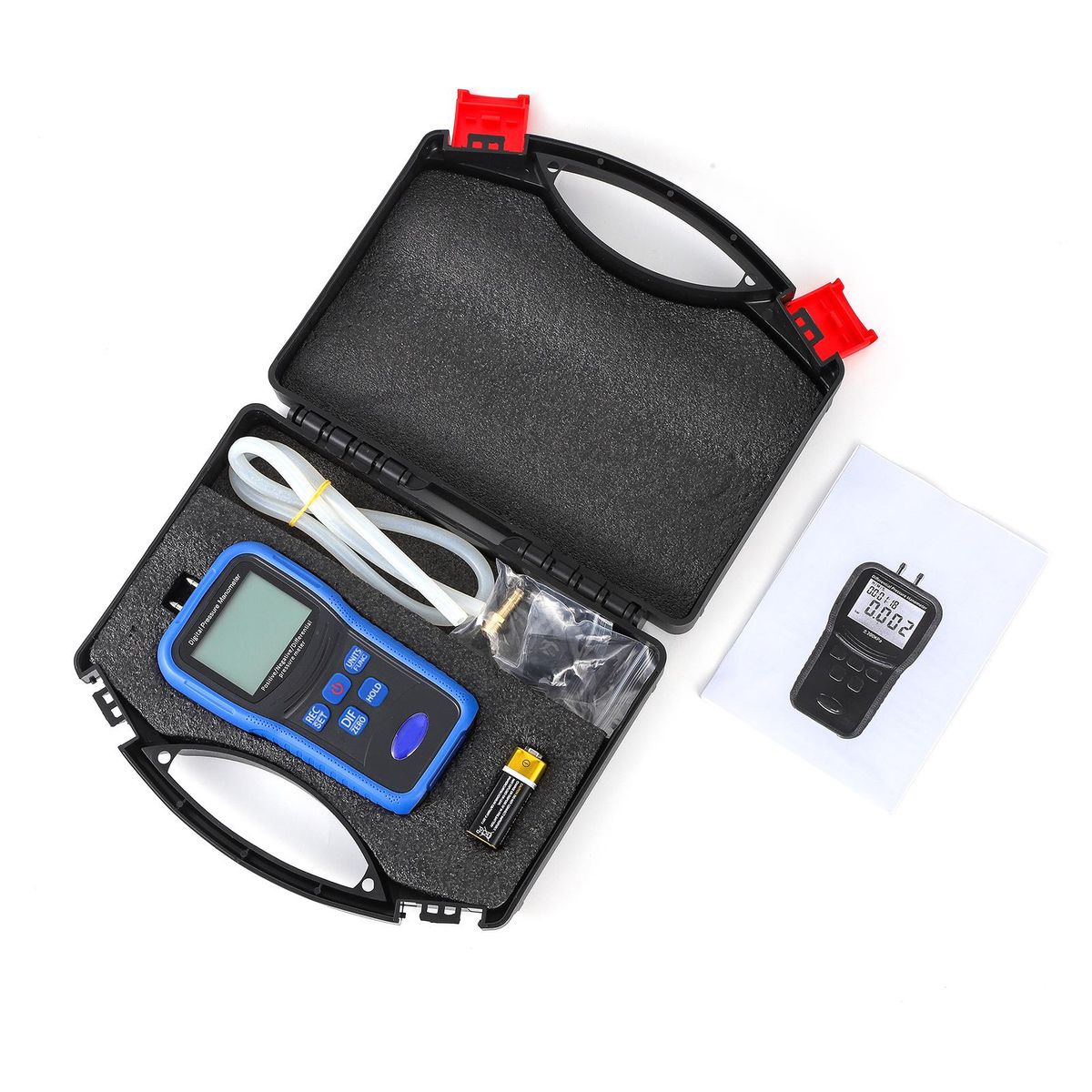 Digital Pressure Manometer, Pressure Meter with Pressure Zero Correction Function Backlight Display Time Setting 9V 6F22 Battery Hose Rubber Head Metal Quick Connector PP Tool Box Packing