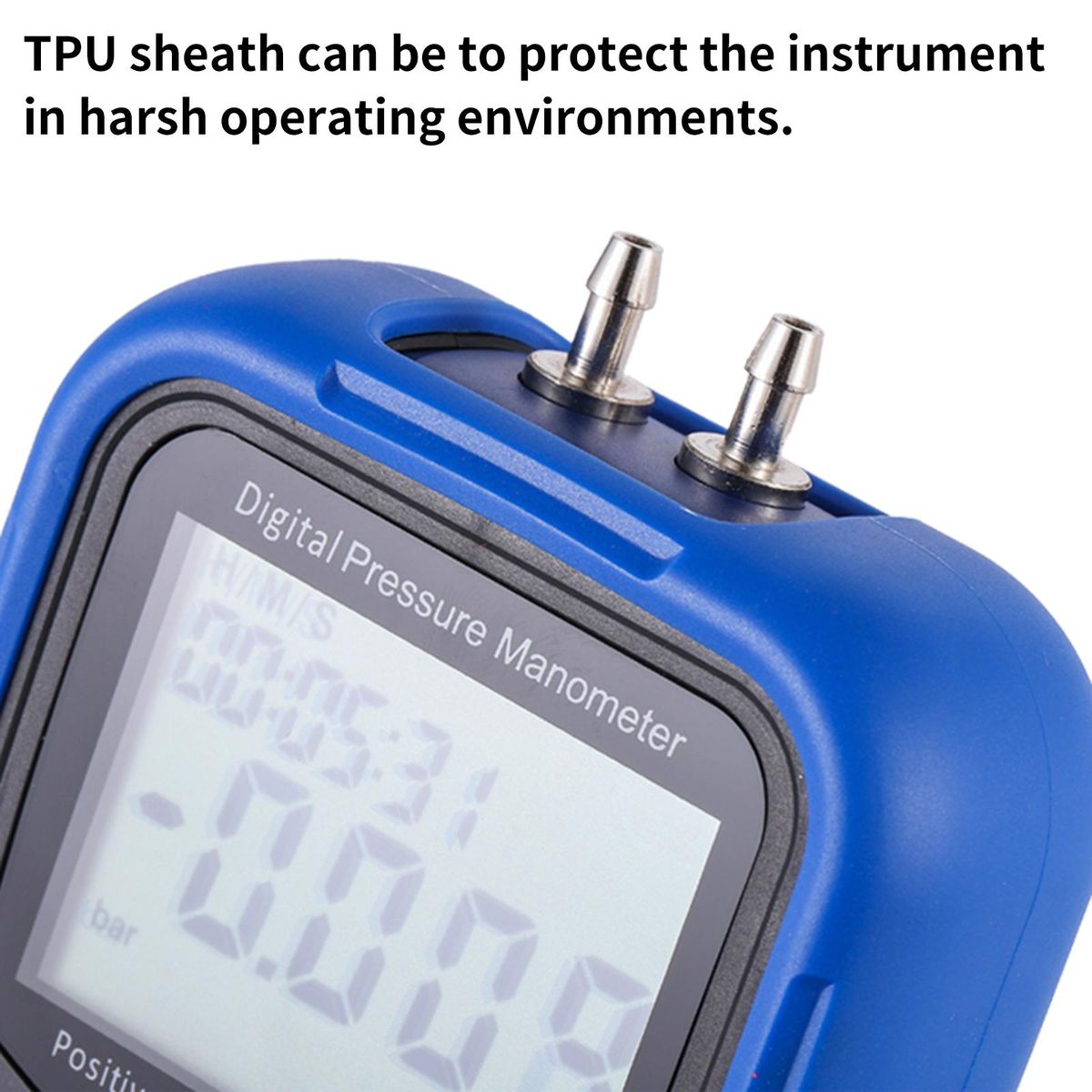 Digital Pressure Manometer, Pressure Meter with Pressure Zero Correction Function Backlight Display Time Setting 9V 6F22 Battery Hose Rubber Head Metal Quick Connector PP Tool Box Packing