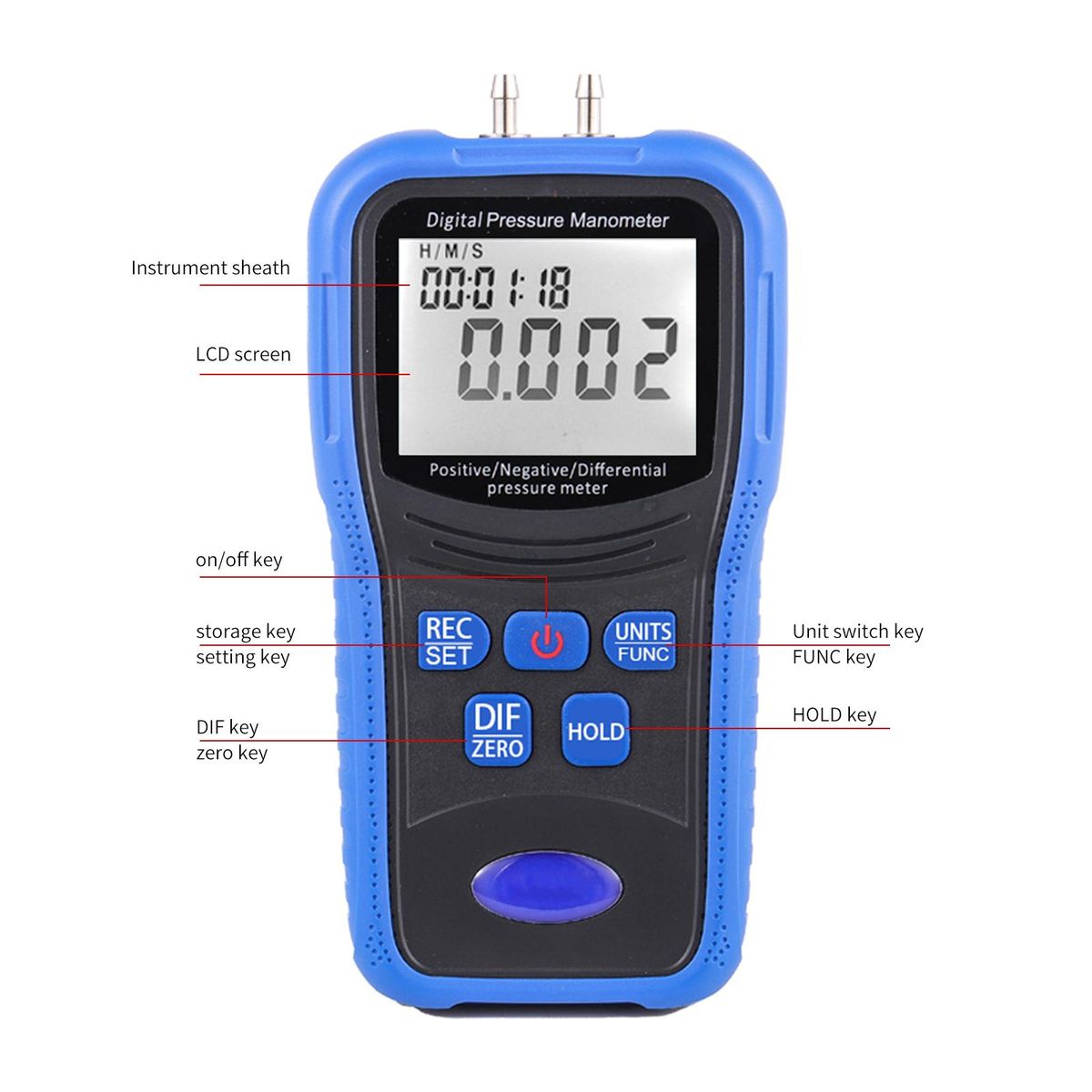Digital Pressure Manometer, Pressure Meter with Pressure Zero Correction Function Backlight Display Time Setting 9V 6F22 Battery Hose Rubber Head Metal Quick Connector PP Tool Box Packing
