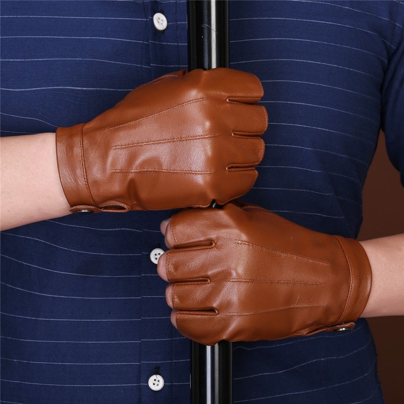 Men Sheepskin Gloves Retro Genuine Leather Fingerless Gloves Driving Cycling Motorcycle Unlined Half Finger Gloves-Brown Stripe