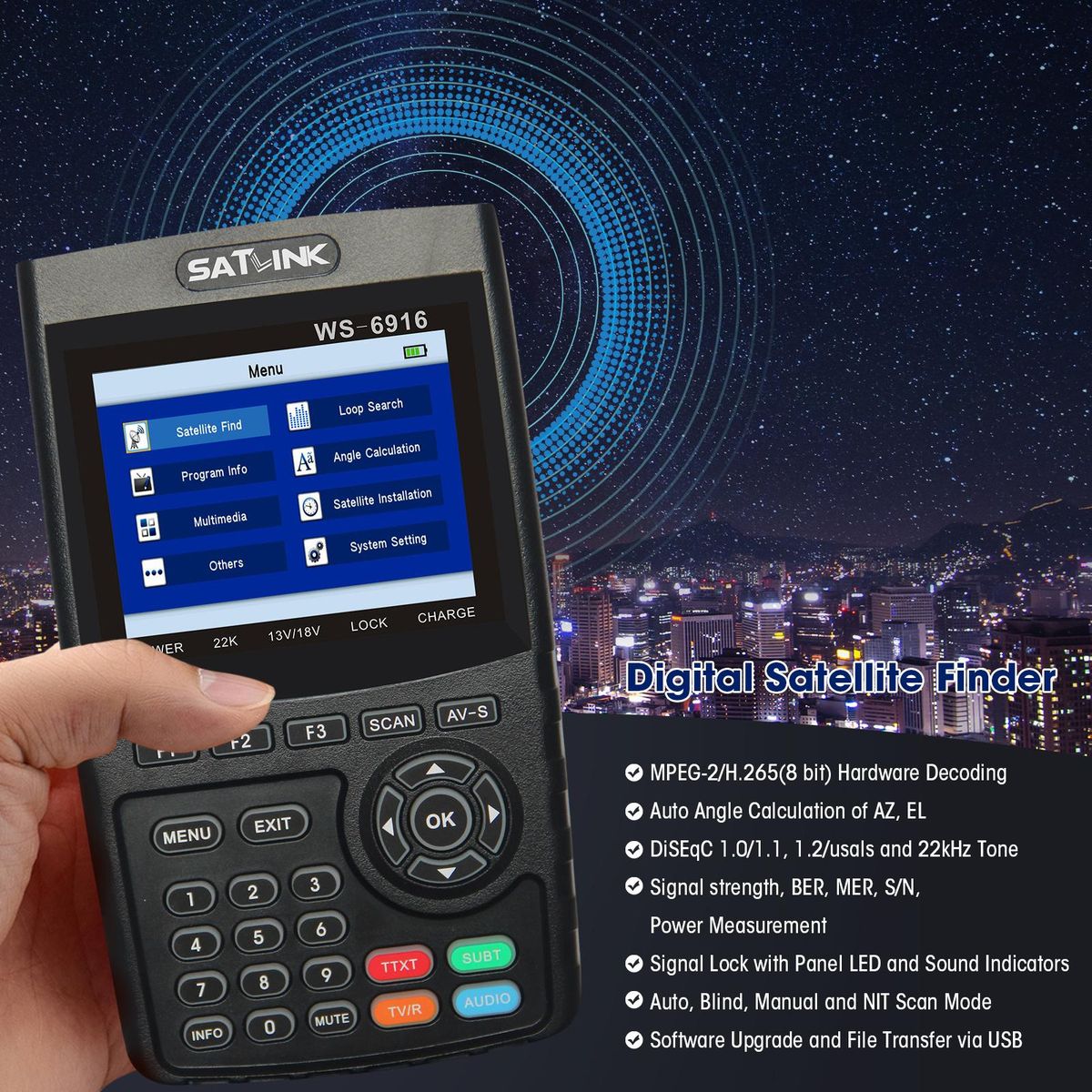WS-6916 Digital Satellite Finder Meter HD Digital Satellite TV Finder Digital Satellite Signal Finder Meter with Carrying Pouch and Strap