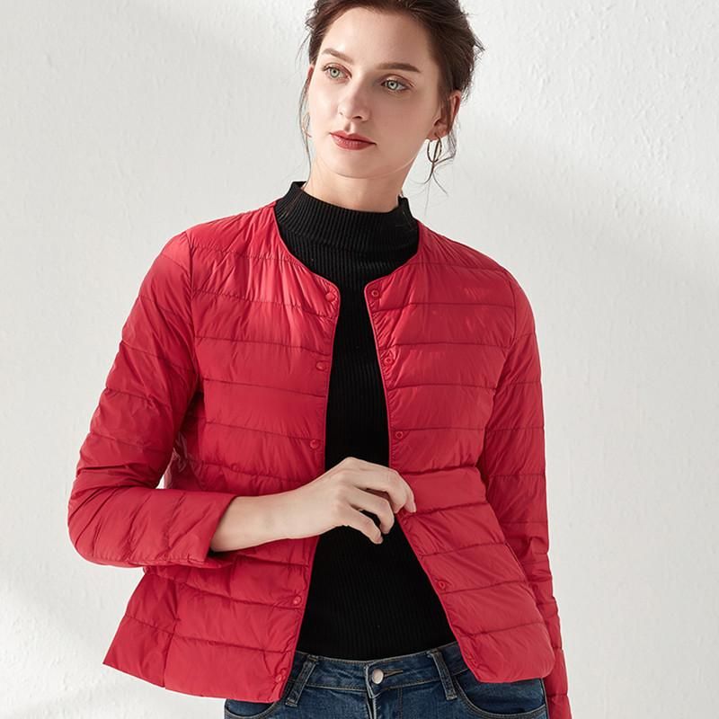 2022 Winter Style Collarless Lightweight Short Fit Down Coat Women's Large Round Neck Short Coat