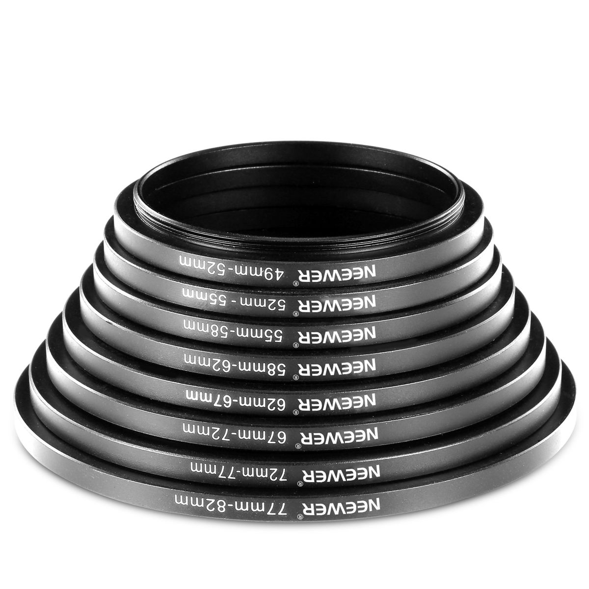 Neewer® 8 Pieces Step-up Adapter Ring Set Made Of Premium Anodized Aluminum, Includes: 49-52mm, 52-55mm, 55-58mm, 58-62mm, 62-67mm, 67-72mm, 72-77mm, 77-82mm-Black