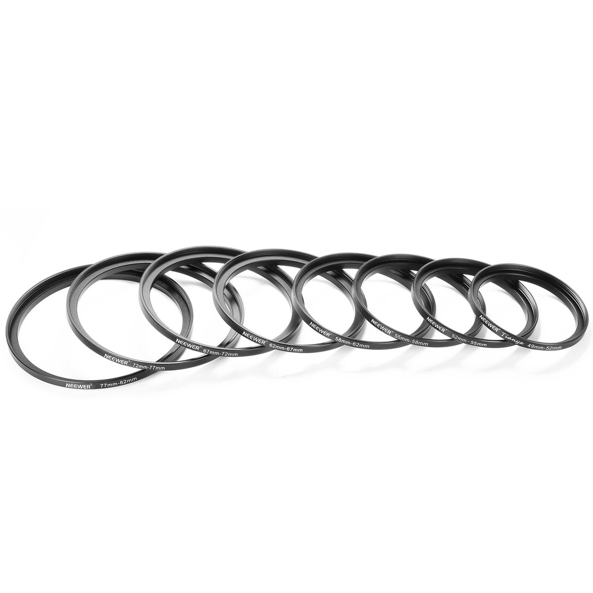 Neewer® 8 Pieces Step-up Adapter Ring Set Made Of Premium Anodized Aluminum, Includes: 49-52mm, 52-55mm, 55-58mm, 58-62mm, 62-67mm, 67-72mm, 72-77mm, 77-82mm-Black