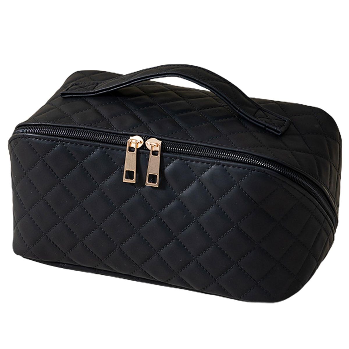 Quilted Faux Leather Travel Makeup Bag Waterproof Portable Stylish Black