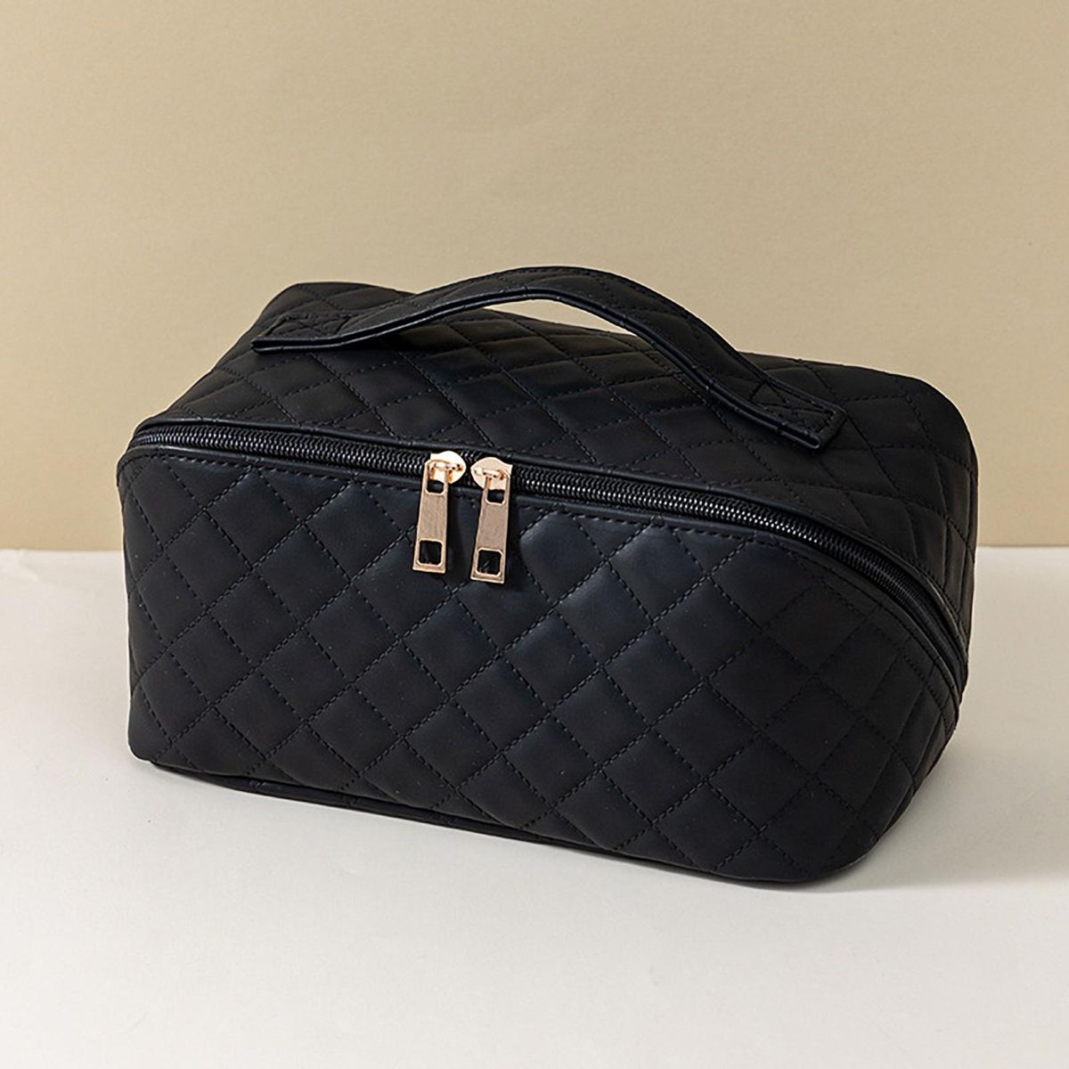 Quilted Faux Leather Travel Makeup Bag Waterproof Portable Stylish Black