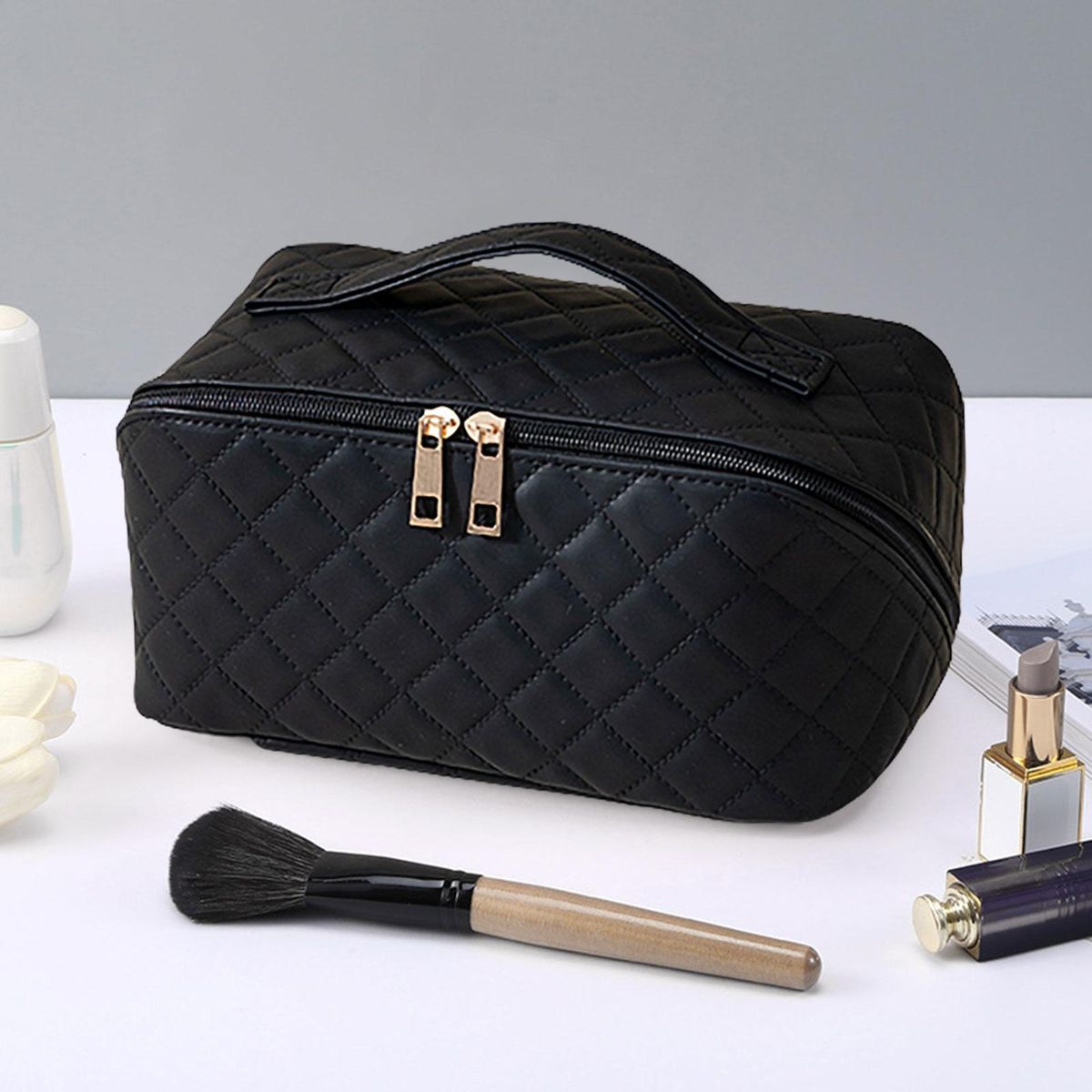 Quilted Faux Leather Travel Makeup Bag Waterproof Portable Stylish Black