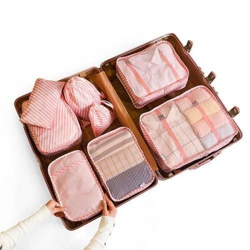 8pcs Luggage Organizers, Travel Organizers Packing Cubes Storage For Cosmetic Underwear (Pink Stripes)