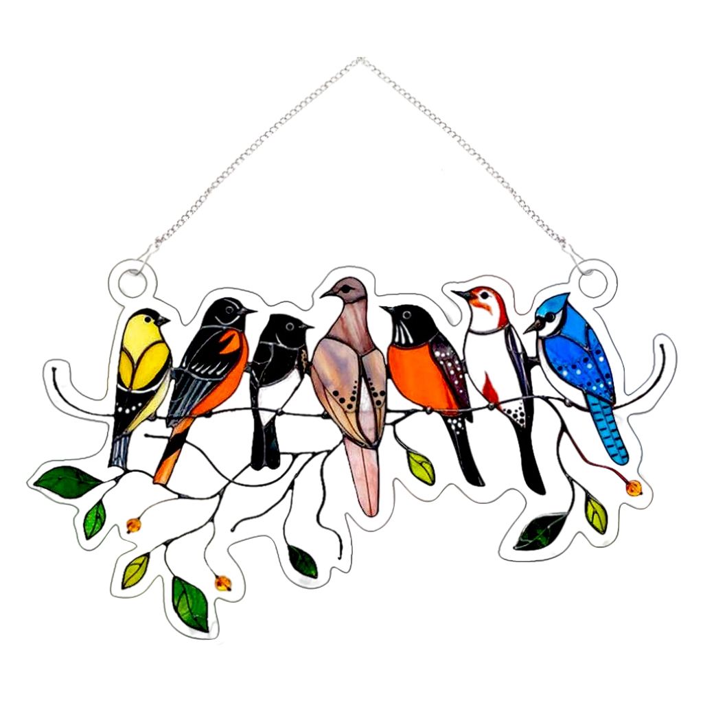 Stained Glass Birds Window Panel Hanging 20.5x12.5cm