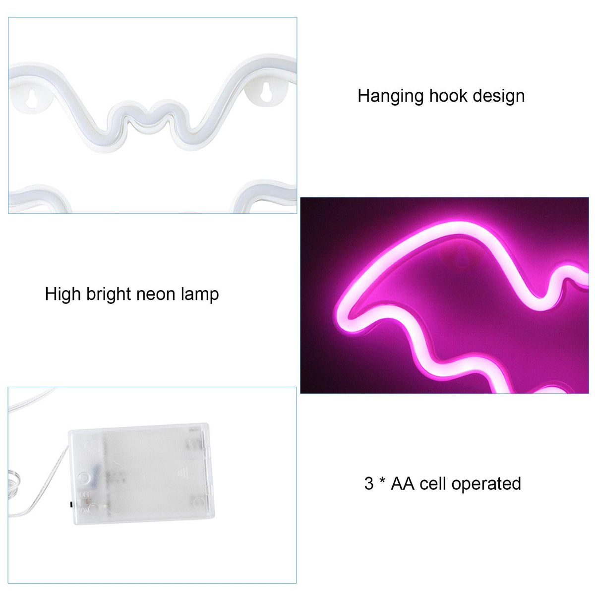 Bat Design LEDs Neon Light 3*AA Cell Operated Constant Bright Mode Neon Sign Decorative Lights Wall Decor for Christmas Thanksgiving Birthday Party Wedding Children Baby Bedroom Bar