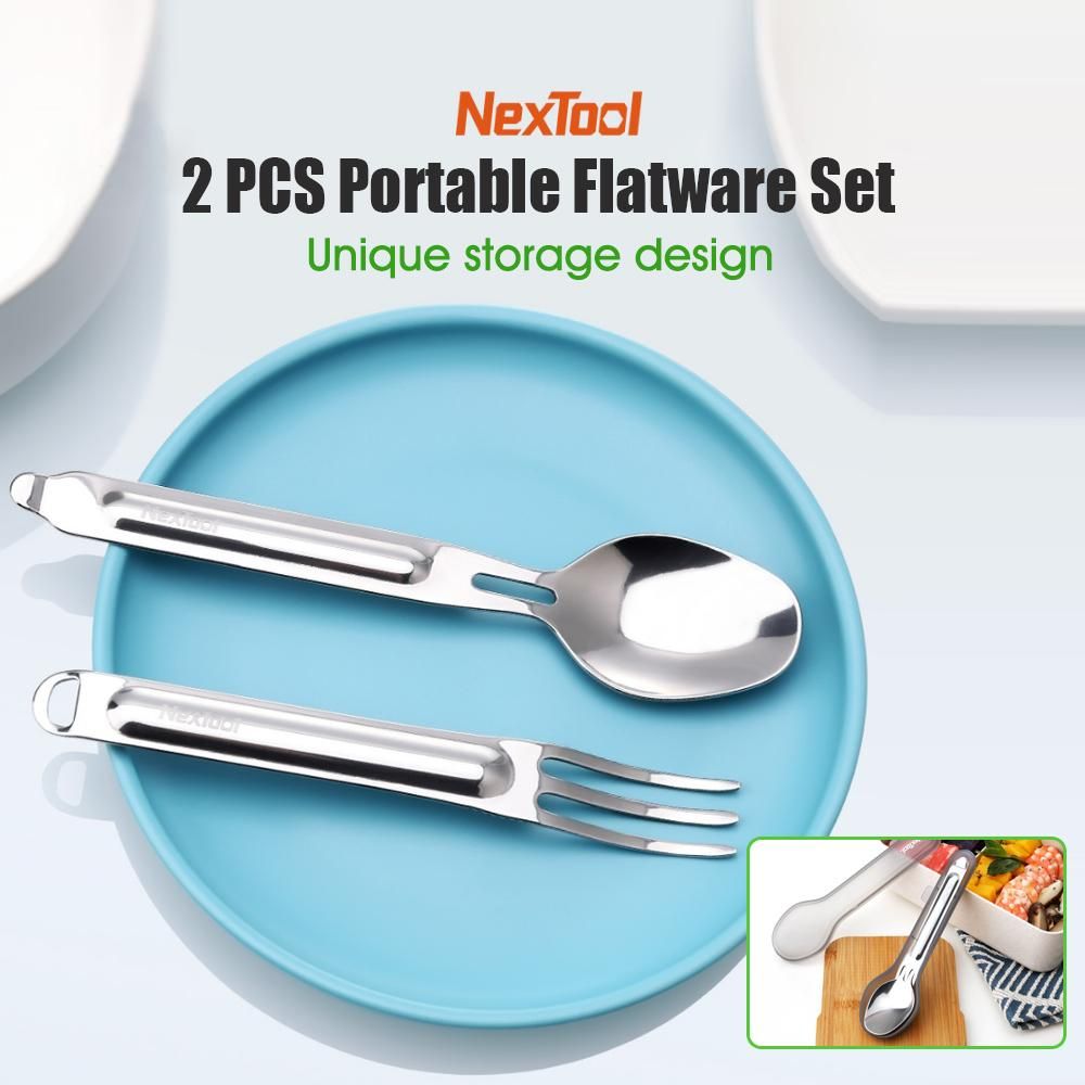 NexTool 2 PCS Outdoor Flatware Set with Case Silverware Set Fork Spoon Travel Set Portable Mirror Polished Stainless Steel Cutlery Set for Travel Lunch Box and Camping