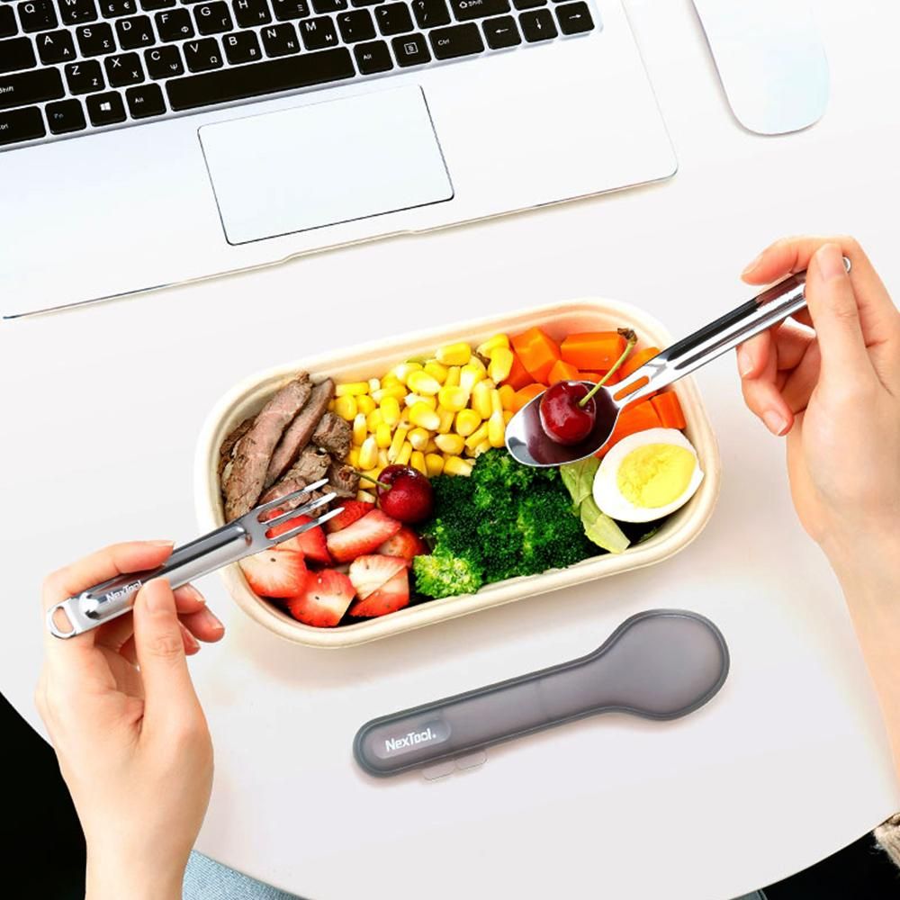NexTool 2 PCS Outdoor Flatware Set with Case Silverware Set Fork Spoon Travel Set Portable Mirror Polished Stainless Steel Cutlery Set for Travel Lunch Box and Camping