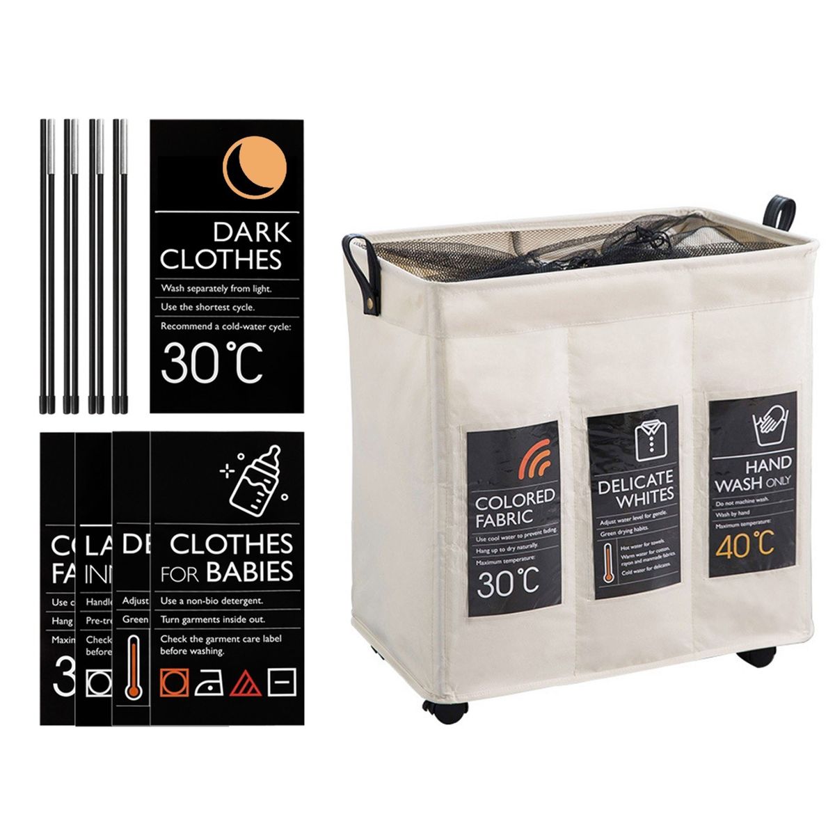 Rolling Slim Laundry Basket 3 Compartments With Universal
