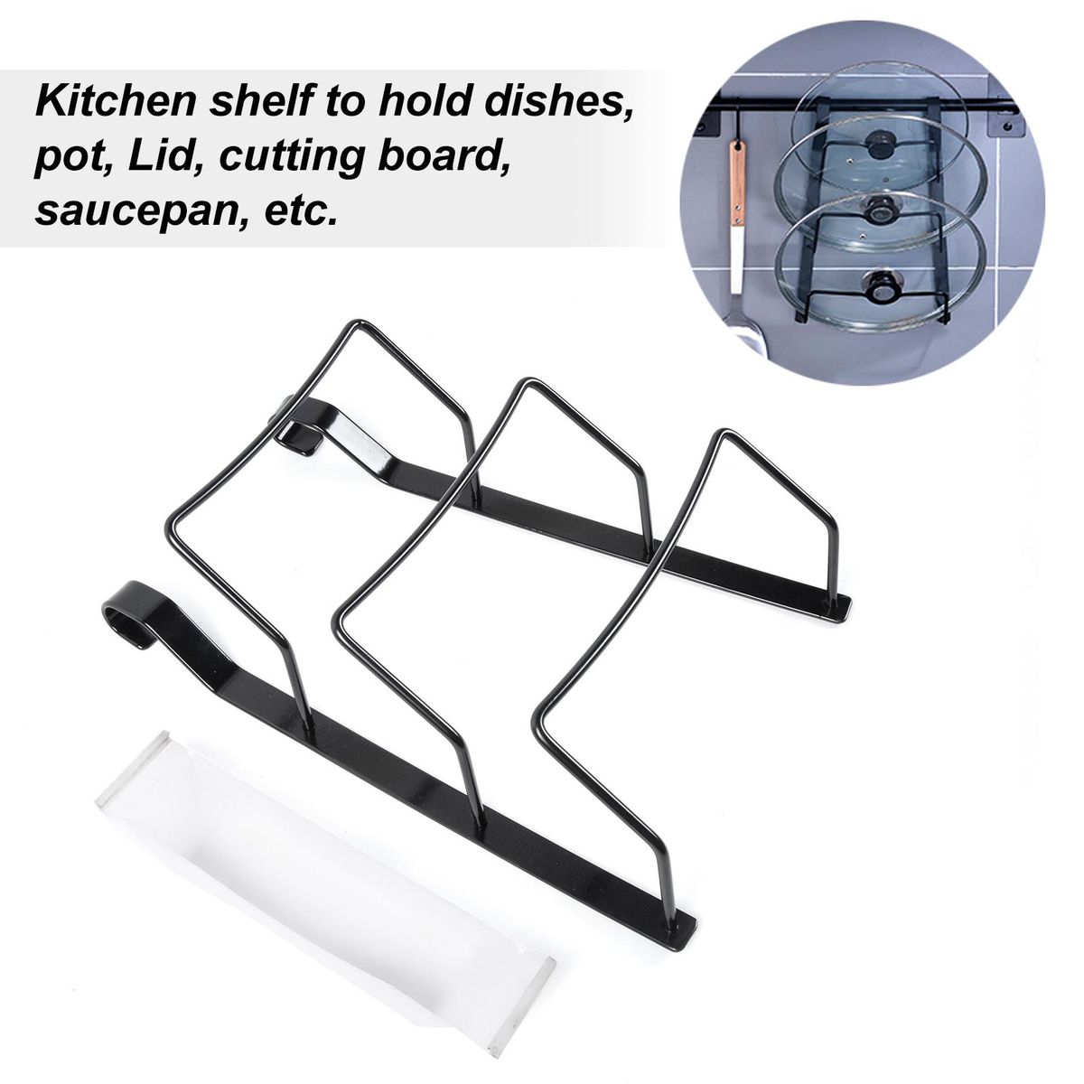 Wall Door Mounted Pot Lid Rack Organizer for Kitchen Upright Storage Holder with 3 Slots and 35cm Rod - Black